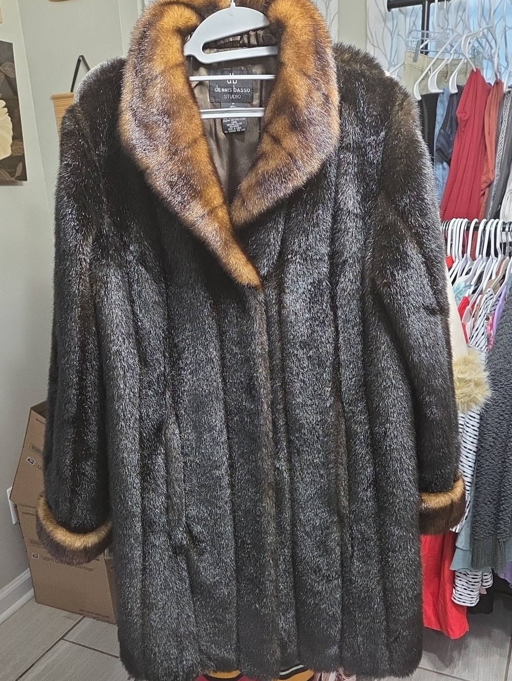 dennis basso Dark Brown Mink Coat with Honey Brown Trim
